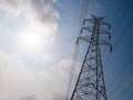 High voltage tower or electricity transmission power lines in the cloudy blue sky Royalty Free Stock Photo