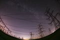 High voltage towers and the Milky Way Royalty Free Stock Photo