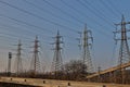 High voltage towers with sky background. Royalty Free Stock Photo