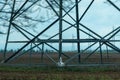 High voltage towers with sky background. Power line support with wires for electricity transmission. High voltage grid Royalty Free Stock Photo