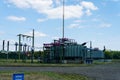 high voltage transformation station view of external capacitors and transformers Royalty Free Stock Photo
