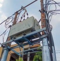 High voltage transformer on a power pole Royalty Free Stock Photo