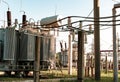 High-voltage transformers at Power substations with various equipment Royalty Free Stock Photo