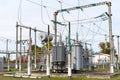 High-voltage transformers at Power substations with various equipment Royalty Free Stock Photo