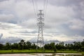 High voltage transmission lines background. Royalty Free Stock Photo