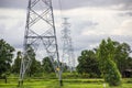 High voltage transmission lines background. Royalty Free Stock Photo