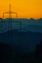 High voltage transmission power line after sunset Royalty Free Stock Photo