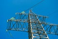 High-voltage transmission pylon against a blue sky. Close up Royalty Free Stock Photo