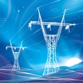 High voltage transmission systems. Electric pole. Neon glow. Night landscape. Power lines. Network of interconnected electrical. W Royalty Free Stock Photo