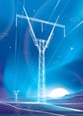 High voltage transmission systems. Electric pole. Neon glow. Night landscape. Power lines. Network of interconnected electrical. W Royalty Free Stock Photo