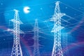 High voltage transmission systems. Electric pole. Neon glow. Power lines. A network of interconnected electrical. White otlines on
