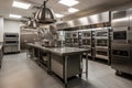 high-volume kitchen with industrial equipment, including mixers, blenders, and ovens