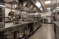 high-volume kitchen with industrial equipment, including mixers, blenders, and ovens