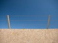 A high wall with three layers of barbed wire on the top to deter intruders. Taken on a sunny day with a clear blue sky.