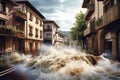 high water level on a city street from a flood, after a downpour or an avalanche