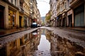 high water level on a city street from a flood, after a downpour or an avalanche