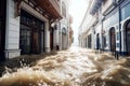 high water level on a city street from a flood, after a downpour or an avalanche