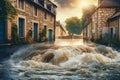 high water level on a city street from a flood, after a downpour or an avalanche