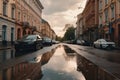 high water level on a city street from a flood, after a downpour or an avalanche