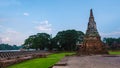 High water at the river in Ayutthaya, Thailand at Wat Chaiwatthanaram during sunset monsoon season Royalty Free Stock Photo