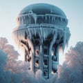 high water tower in winter covered in ice close-up Royalty Free Stock Photo
