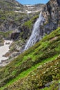 High waterfall and flowering rhododendron in the mountains Royalty Free Stock Photo