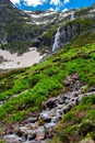 High waterfall and green hill in the mountains Royalty Free Stock Photo