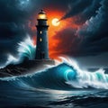 and high waves surround a lighthouse in this stormy Oceanic digital painting and panorama of epic