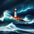 and high waves surround a lighthouse in this stormy Oceanic digital painting and panorama of epic