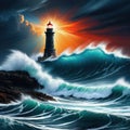 and high waves surround a lighthouse in this stormy Oceanic digital painting and panorama of epic