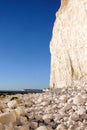 High white chalk cliff face with big white chalk boulders on the