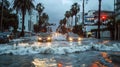 high winds and waves battering the streets of a tiered coastal city, with cars navigating through puddles while palm