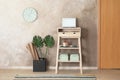 High wooden table with laptop as stand up workplace Royalty Free Stock Photo