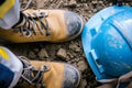 highangle shot of boots and hard hat