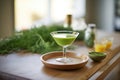 highangle shot of green juice in a martini glass, fancy setup Royalty Free Stock Photo