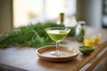 highangle shot of green juice in a martini glass, fancy setup