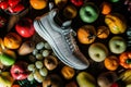 highangle shot of sneakers amid a circle of various fruits