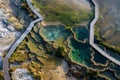 highangle shot of a zigzagging boardwalk leading to a hot spring