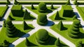 An aerial view of a meticulously designed formal garden showcasing various green topiary shapes and geometric patterns Royalty Free Stock Photo