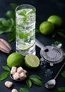 Highball glass of Mojito cocktail with ice cubes,mint and lime on black board with spoon and strainer and fresh limes with cane Royalty Free Stock Photo