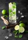 Highball glass of Mojito cocktail with ice cubes,mint and lime on black board with spoon and wooden muddler and fresh limes with Royalty Free Stock Photo