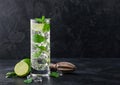 Highball glass of Mojito cocktail with ice cubes,mint and lime on black board with wooden squeezer and fresh limes Royalty Free Stock Photo