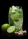 Highball glass of Mojito summer alcoholic cocktail with ice cubes mint and lime on black with cane sugar and limes Royalty Free Stock Photo
