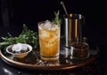 Highball glass with old fashioned cocktail and rosemary leaf with coffee beans on dark table.Macro.AI Generative Royalty Free Stock Photo
