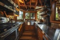 highend kitchen inside a treehouse with stainless steel appliances