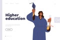 Higher education landing page design template with cheerful alumnus female character holding diploma