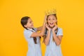 Higher standard. vintage girls in gold crown. motivation to be the best. small egoist girls imagine they princess Royalty Free Stock Photo