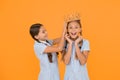higher standard. vintage girls in gold crown. motivation to be the best. small egoist girls imagine they princess Royalty Free Stock Photo