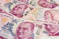 The highest money denominations of the republic of turkey. two hundred turkish lira banknotes. Royalty Free Stock Photo