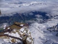 Highest panoramic platform on mountain peak Aiguille du Midi in France above ski village Chamonix Mont-Blanc Royalty Free Stock Photo